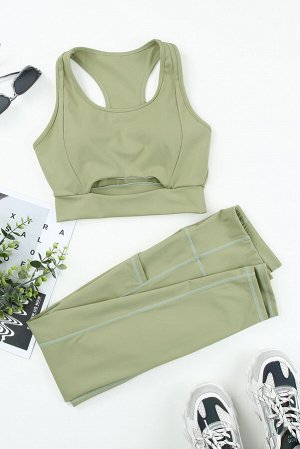 Army Green Two-piece Cut out Bra and Leggings Sports Wear