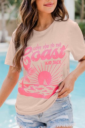 Розовая футболка с принтом пляж и надписью: LOVE YOU TO THE COAST AND BACK
