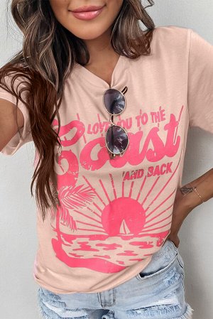 Розовая футболка с принтом пляж и надписью: LOVE YOU TO THE COAST AND BACK