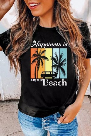 Черная футболка с принтом пальмы и надписью: Happiness Is A Day At The Beach