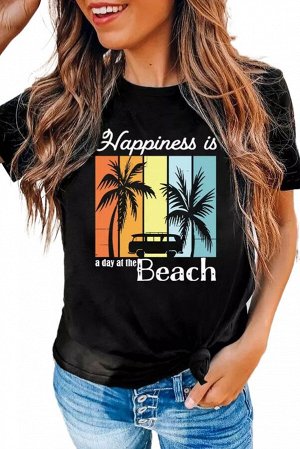 Черная футболка с принтом пальмы и надписью: Happiness Is A Day At The Beach