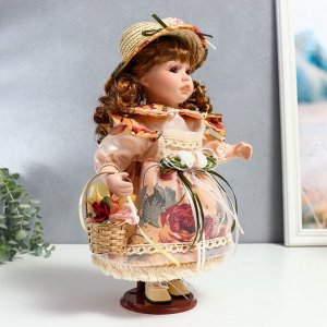 Кукла коллекционная керамика "Клара в платье с розами, шляпке и с корзинкой" 30 см