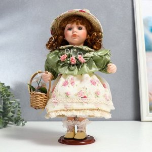 Кукла коллекционная керамика "Энни в нежно-мятном платье, шляпке и с корзинкой" 30 см