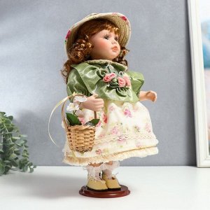 Кукла коллекционная керамика "Энни в нежно-мятном платье, шляпке и с корзинкой" 30 см