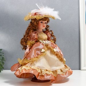 Кукла коллекционная керамика "Марго в карамельном платье в шляпе и с сумкой" 30 см