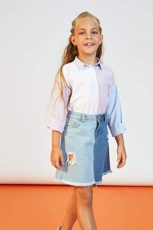 Джинсовая юбка в стиле цветных блоков с рваными деталями для девочек