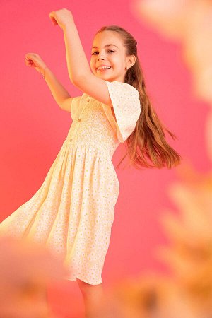 DEFACTO Платье из хлопка и вискозы с короткими рукавами и цветочным узором в стиле гиппи для девочек