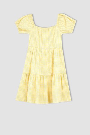 DEFACTO Платье миди из хлопка с короткими рукавами в мелкую клетку для девочек