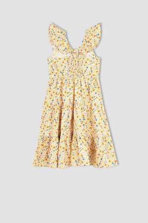 Платье миди с квадратным воротником и цветочным узором для девочек с короткими рукавами