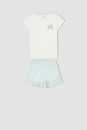 Пижамный комплект из хлопка с короткими рукавами и принтом для девочек