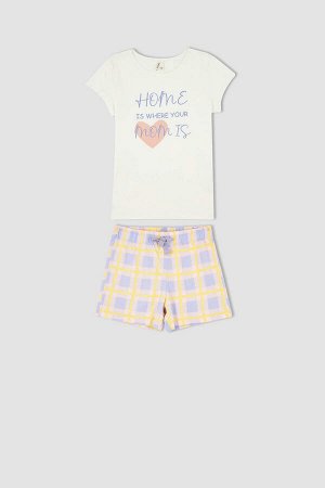 Пижамный комплект из хлопка с короткими рукавами и короткими рукавами с принтом для девочек
