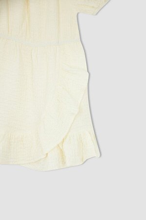 Платье из хлопкового тканого хлопка с воротником "Кармен" и короткими рукавами для девочек