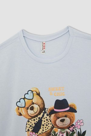 Хлопковая футболка с круглым вырезом и принтом плюшевого мишки для девочек