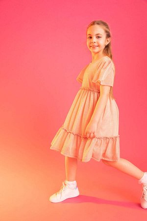 Платье средней посадки для девочек с круглым вырезом и короткими рукавами из хлопкового гребня