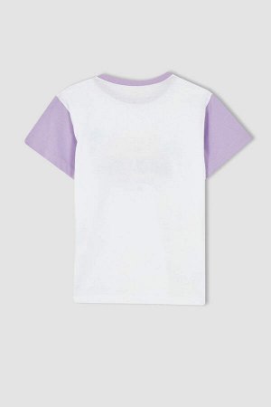 Хлопковая футболка свободного кроя с принтом и короткими рукавами для девочек с цветными блоками