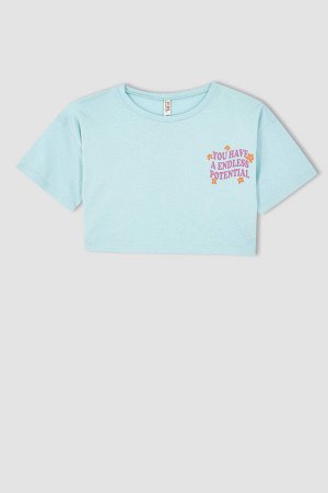 Укороченная хлопковая футболка с короткими рукавами и принтом для девочек