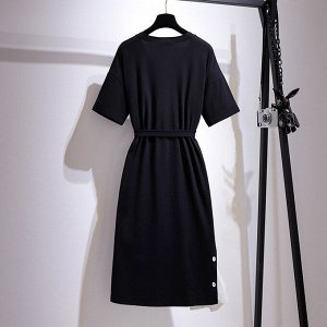 Платье женское с поясом и с коротким рукавом, цвет черный