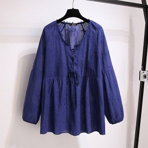 Блуза женская свободного кроя с шитьем, цвет синий