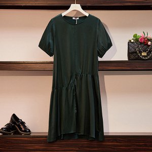 Платье женское свободного кроя с воланами и с коротким рукавом, цвет темно-зеленый
