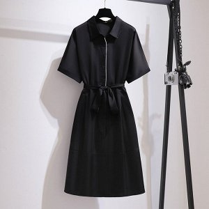Платье женское в стиле "Рубашка" с поясом и с коротким рукавом, цвет черный