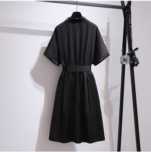 Платье женское в стиле "Рубашка" с поясом и с коротким рукавом, цвет черный