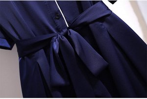 Платье женское в стиле "Рубашка" с поясом и с коротким рукавом, цвет темно-синий