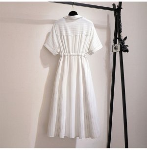Платье женское с поясом в тонкую полоску с коротким рукавом, цвет белый