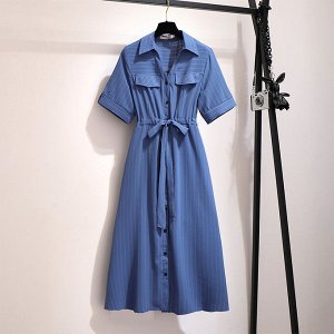 Платье женское с поясом в тонкую полоску с коротким рукавом, цвет синий