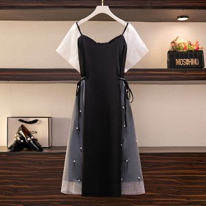 Платье женское с декором из бусин с коротким рукавом, цвет черный/белый