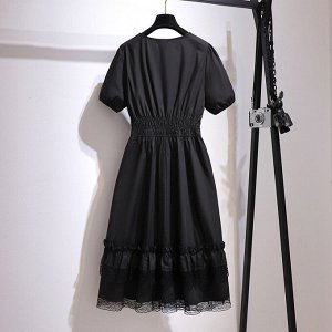 Платье женское с воланами и кружевом с коротким рукавом, цвет черный