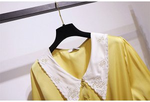 Платье женское с воротничком и поясом с коротким рукавом, цвет желтый