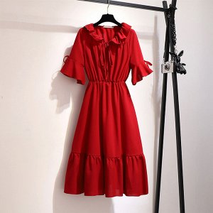 Платье женское с воланами и с коротким рукавом, цвет красный