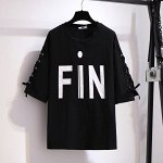 Женская футболка со шнуровкой на рукавах, надпись &quot;FIN&quot;, цвет черный