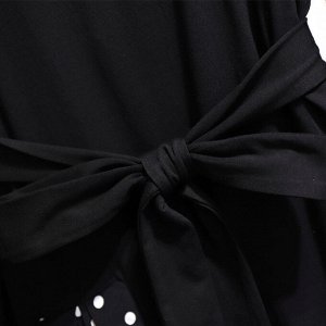 Платье женское с юбкой в горошек с поясом и с длинным рукавом, цвет черный