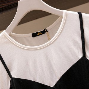 Платье женское с имитацией многослойности и с коротким рукавом, цвет черный/белый