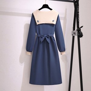 Платье женское с контрастным воротником приталенное с длинным рукавом, цвет синий