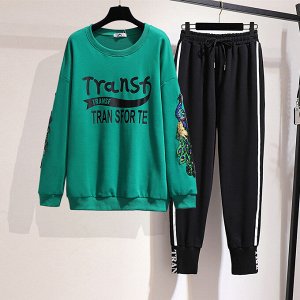 Женский спортивный костюм  (толстовка цвет зеленый + брюки цвет черный)