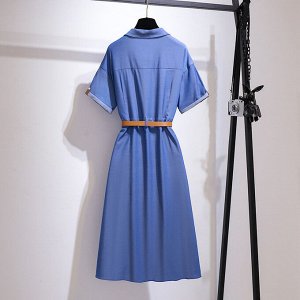 Платье женское с поясом и с коротким рукавом, цвет голубой