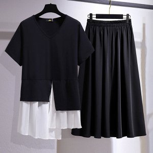 Женский костюм (футболка удлиненная + юбка), цвет черный