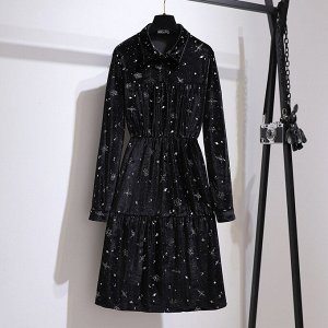 Платье женское бархатное с принтом "Звездное небо" с длинным рукавом, цвет черный