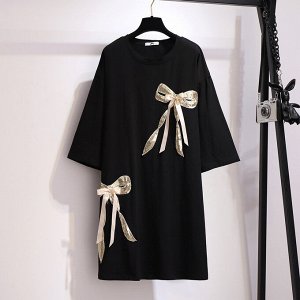 Платье женское свободного кроя с декором "Бантики" с коротким рукавом, цвет черный