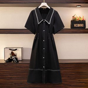Платье женское с воротничком и контрастной строчкой и с коротким рукавом, цвет черный