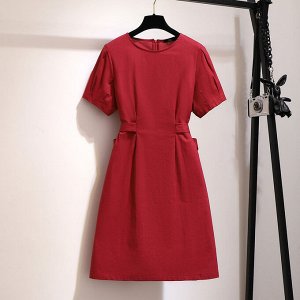 Платье женское с поясом и с коротким рукавом, цвет красный