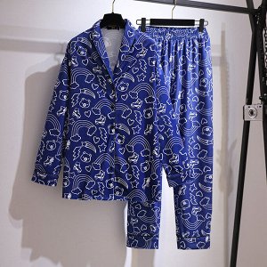 Костюм женский (рубашка + брюки), мелкий принт, цвет синий