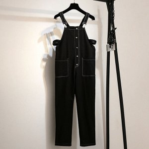 Комбинезон женский джинсовый с брюками с контрастной строчкой, цвет черный