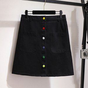 Юбка женская джинсовая с кармашками и пуговицами укороченная, цвет черный