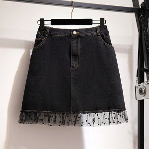Юбка женская джинсовая укороченная с прозрачной сеткой, цвет черный