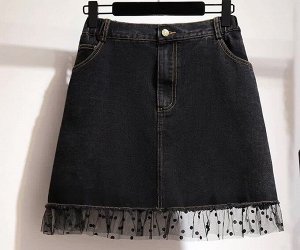 Юбка женская джинсовая укороченная с прозрачной сеткой, цвет черный