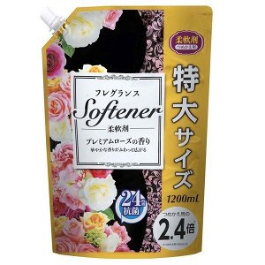 Кондиционер для белья "Softener premium rose" (дезодорирующий с антибактериальным эффектом и богатым ароматом роз (мягкая упаковка с крышкой) 1200 мл / 8