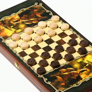 Нарды "Баталия", деревянная доска 50 х 50, с полем для игры в шашки, полиграфия